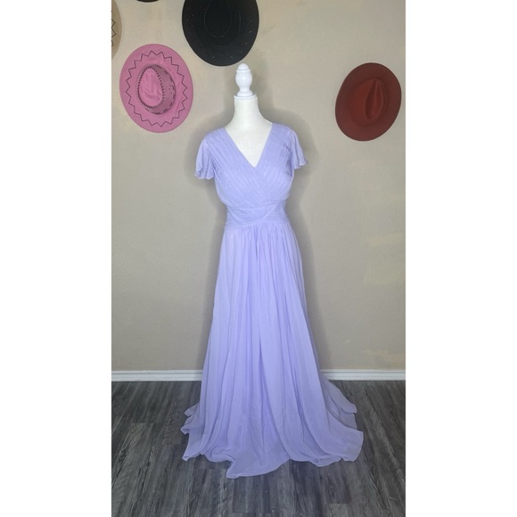 Ruffle Sleeves Chiffon Bridesmaid Dresses Ruched Long Party Gown - Picture 2 of 4